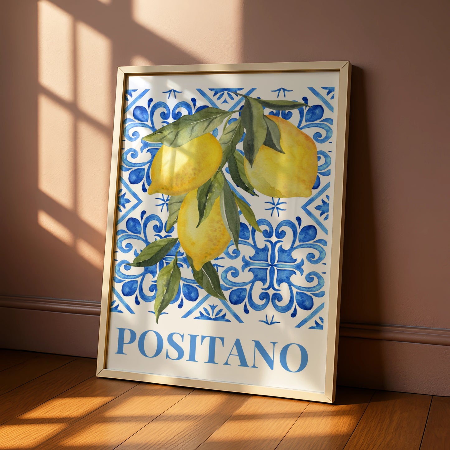 Positano Lemon Maximalist Poster, Italian Amalfi Coast Wall Art, Blue Tile Print