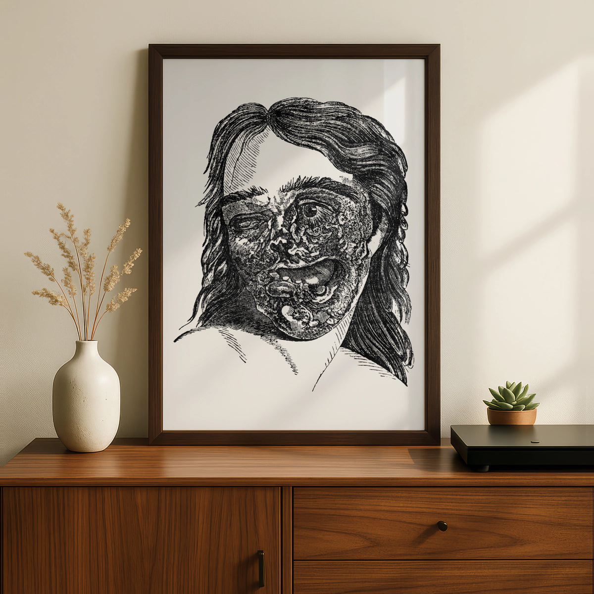 Halloween Horror Poster, Gothic Zombie Face Wall Art, Vintage Engraving Dark Print
