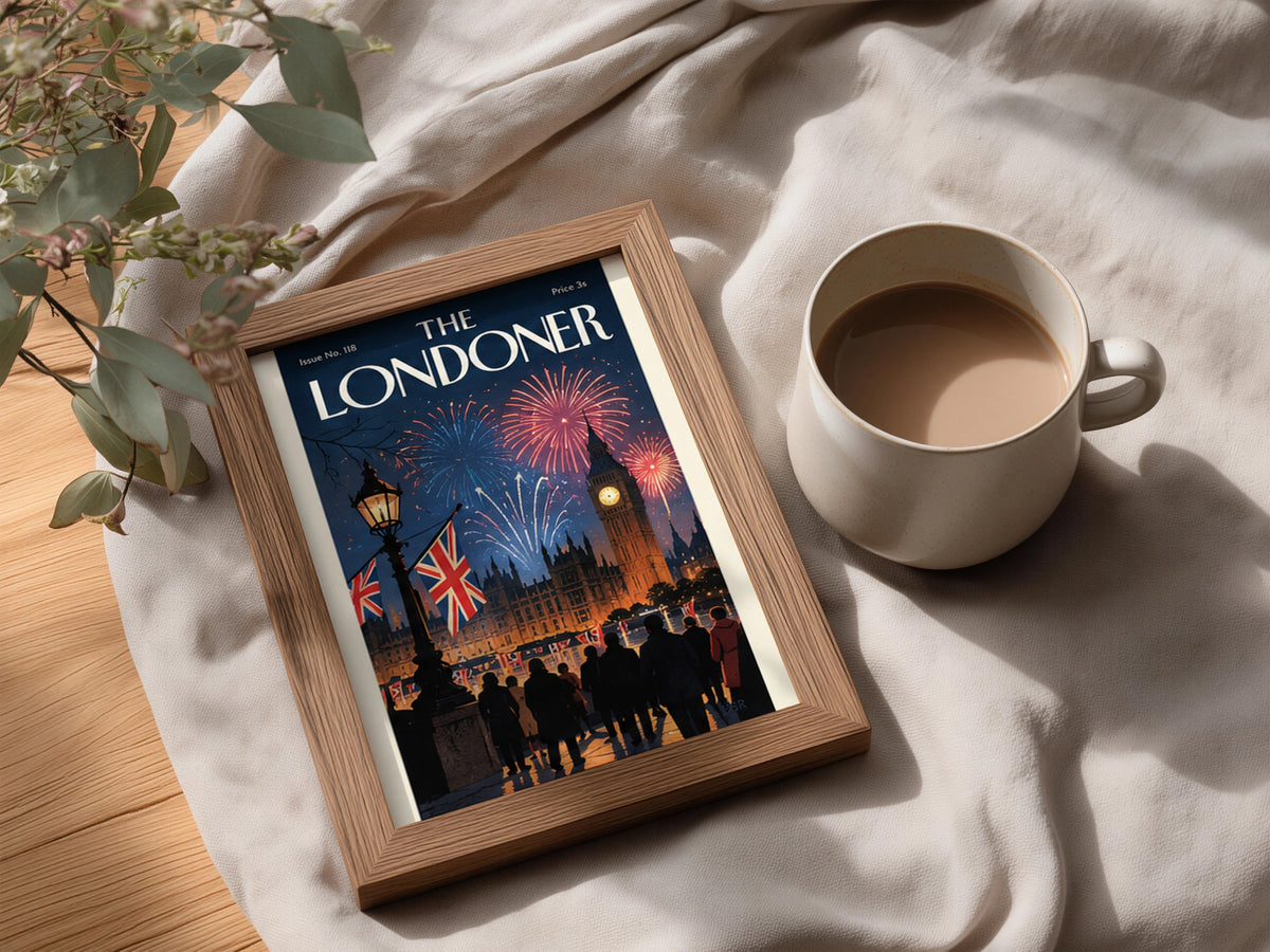 London Fireworks Poster, Big Ben Wall Art, Vintage Magazine Cover Art Print, Night Skyline Union