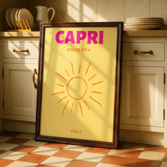 Capri Italy Travel Poster, Dolce Vita Wall Art, Retro Sun Print, Italian Holiday Decor