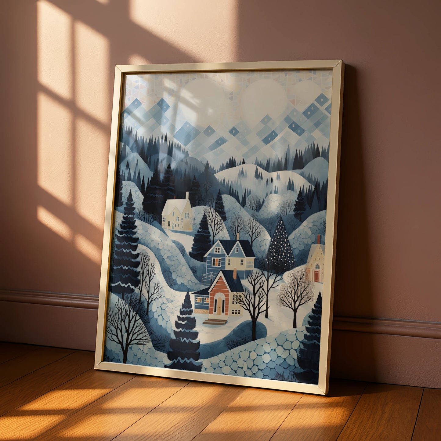 Christmas Winter Village Poster, Snowy Landscape Art Print, Blue Festive Wall Art, Holiday Home