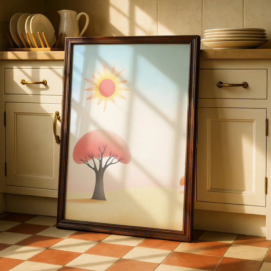 Nursery Wall Art Sun and Tree Print, Pastel Kids Room Poster, Soft Boho Baby Decor