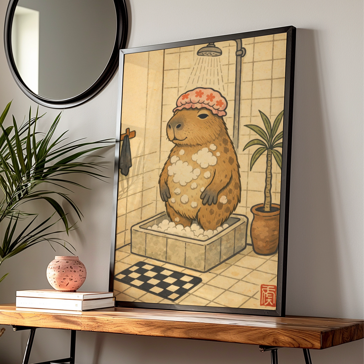 Capybara Shower Cartoon Poster, Funny Animal Print, Quirky Bathroom Wall Art — Digital Download