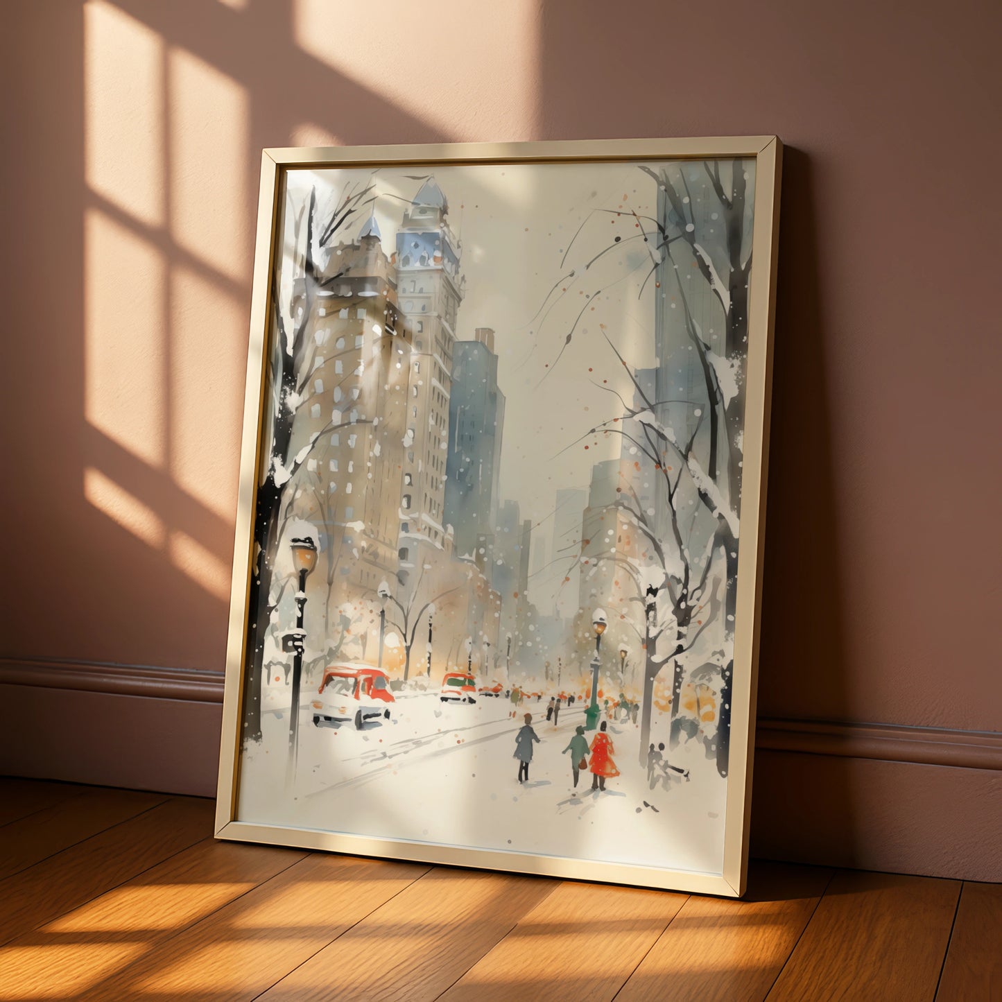 Christmas New York City Snow Poster, Winter NYC Watercolour Wall Art Print