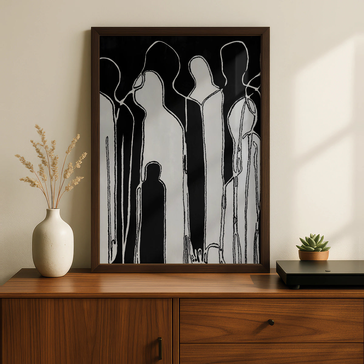 Abstract Figure Group Print, Monochrome Wall Art, Black and White Minimalist Poster, Modern Decor