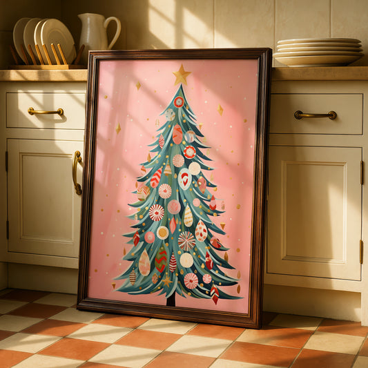 Pink Christmas Tree Poster, Festive Baubles Wall Art, Boho Xmas Print, Holiday Home Decor
