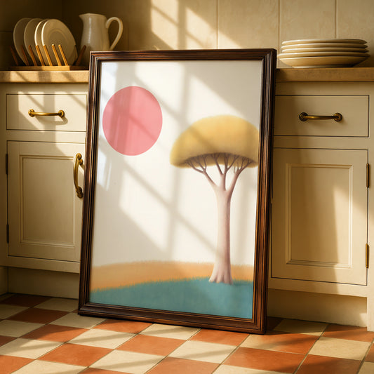 Nursery Wall Art Tree Print, Pink Sun Poster, Minimalist Kids Room Decor, Pastel Colours