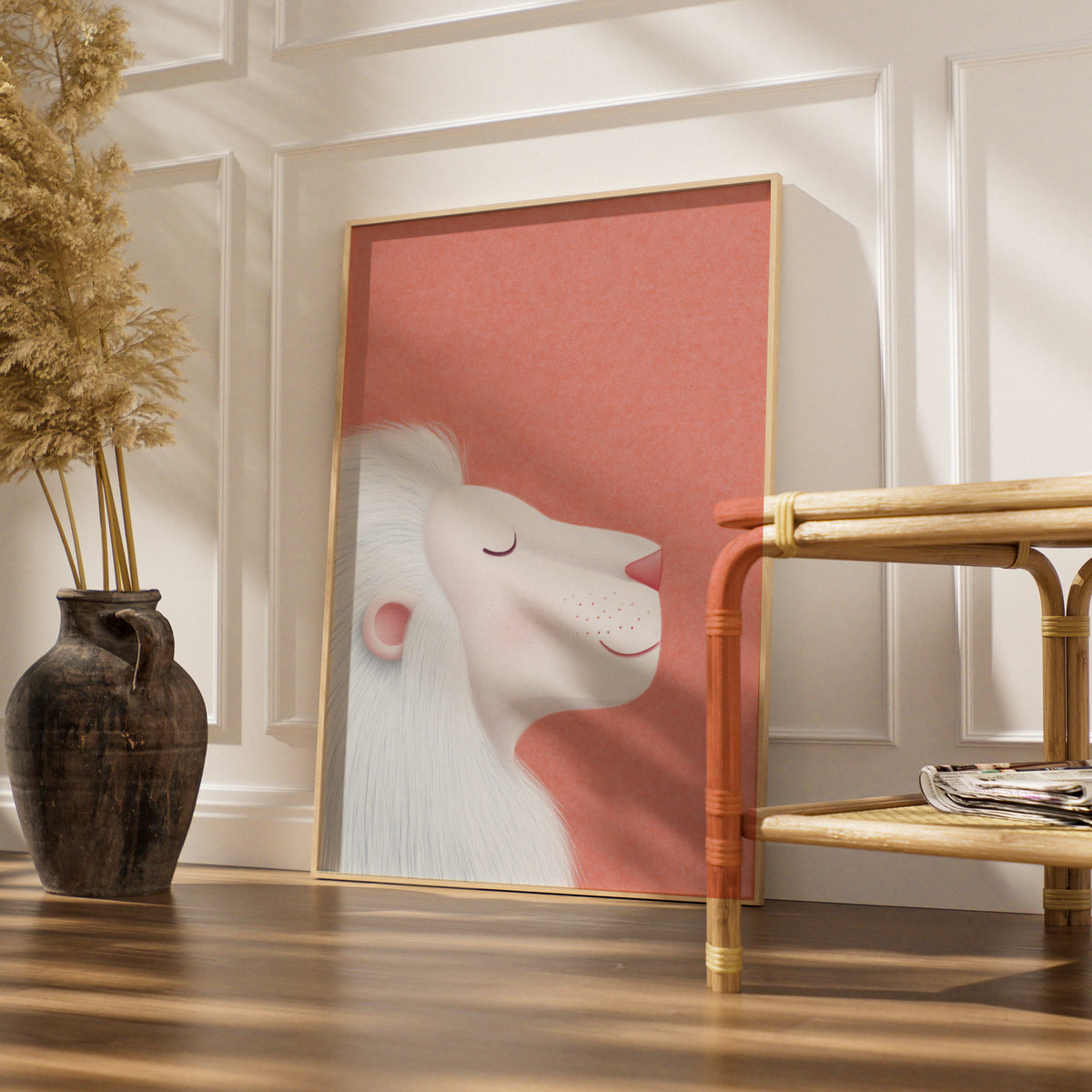 White Lion Nursery Wall Art, Coral Pink Baby Room Poster, Kids Animal Print, Cute Lion