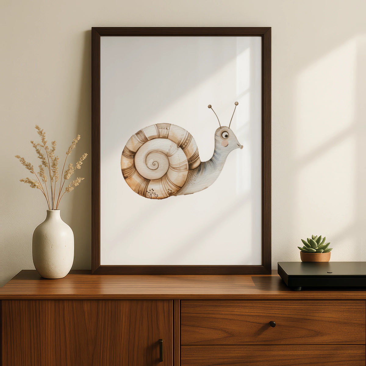 Snail Nursery Wall Art, Cute Watercolour Animal Poster, Neutral Boho Baby Room Print