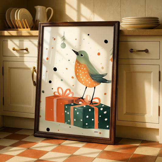 Christmas Robin Poster, Festive Bird Wall Art, Cute Xmas Gift Print, Green Orange Illustrated