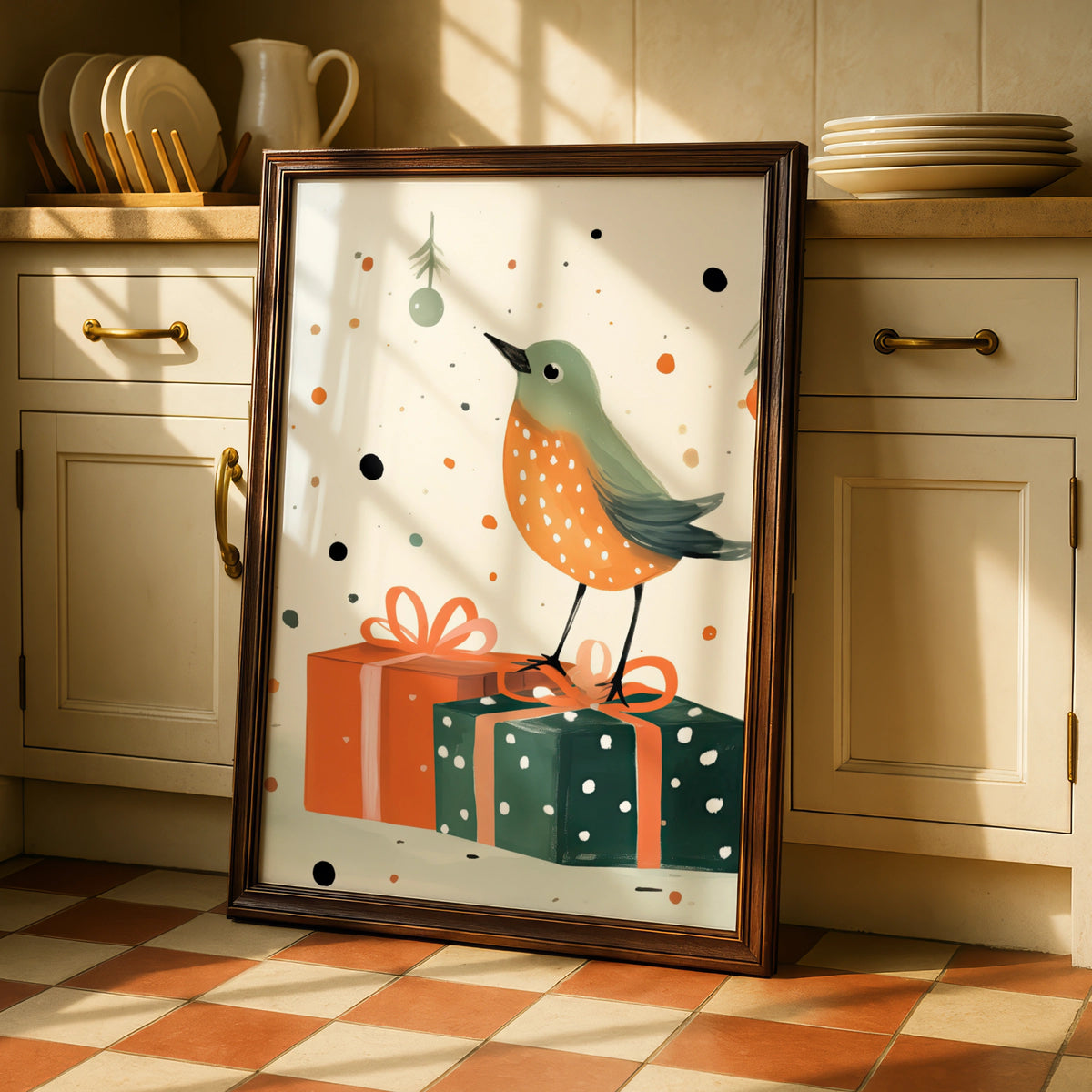 Christmas Robin Poster, Festive Bird Wall Art, Cute Xmas Gift Print, Green Orange Illustrated