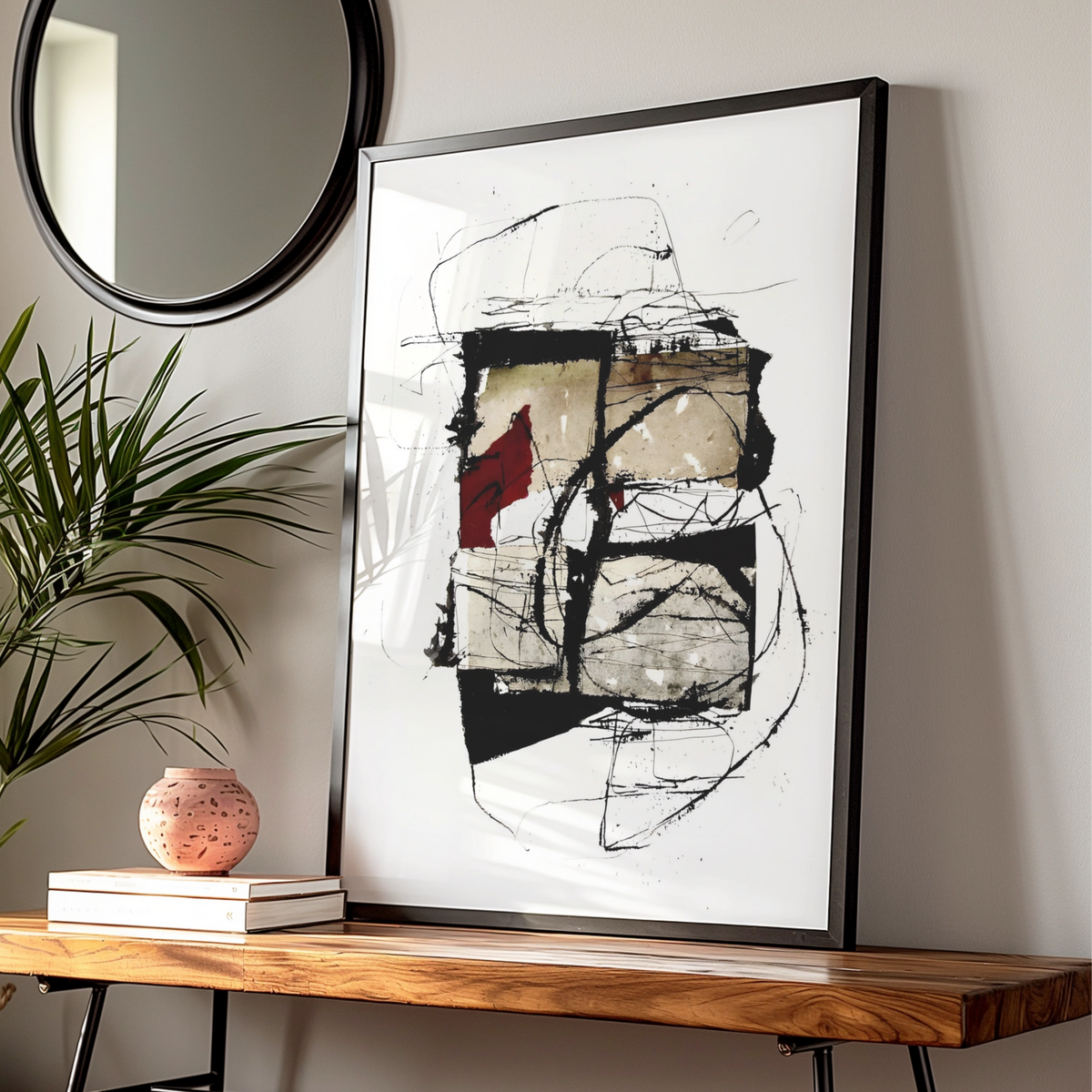 Abstract Ink Art Print, Monochrome Wall Art with Red Accent, Modern Contemporary Poster