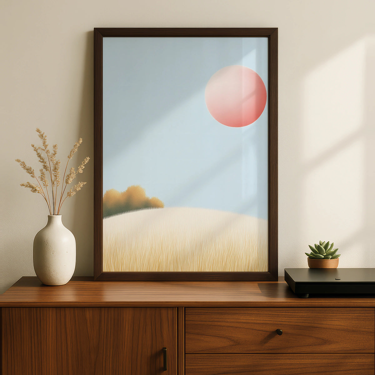 Nursery Wall Art Pink Sun Landscape Print, Minimalist Pastel Poster, Baby Room Decor