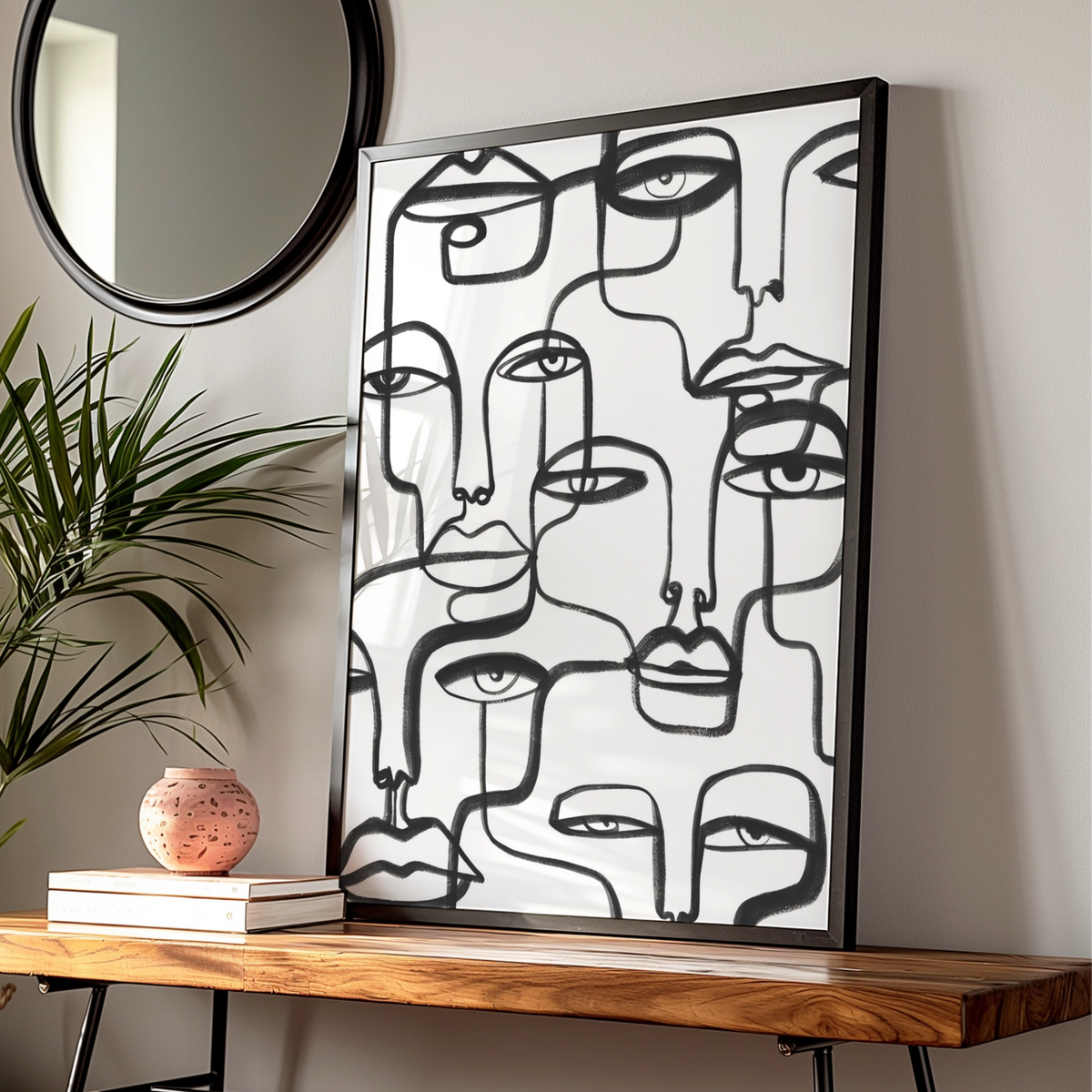 Abstract Faces Line Art, Black and White Poster, Monochrome Wall Art, Modern Minimalist Print