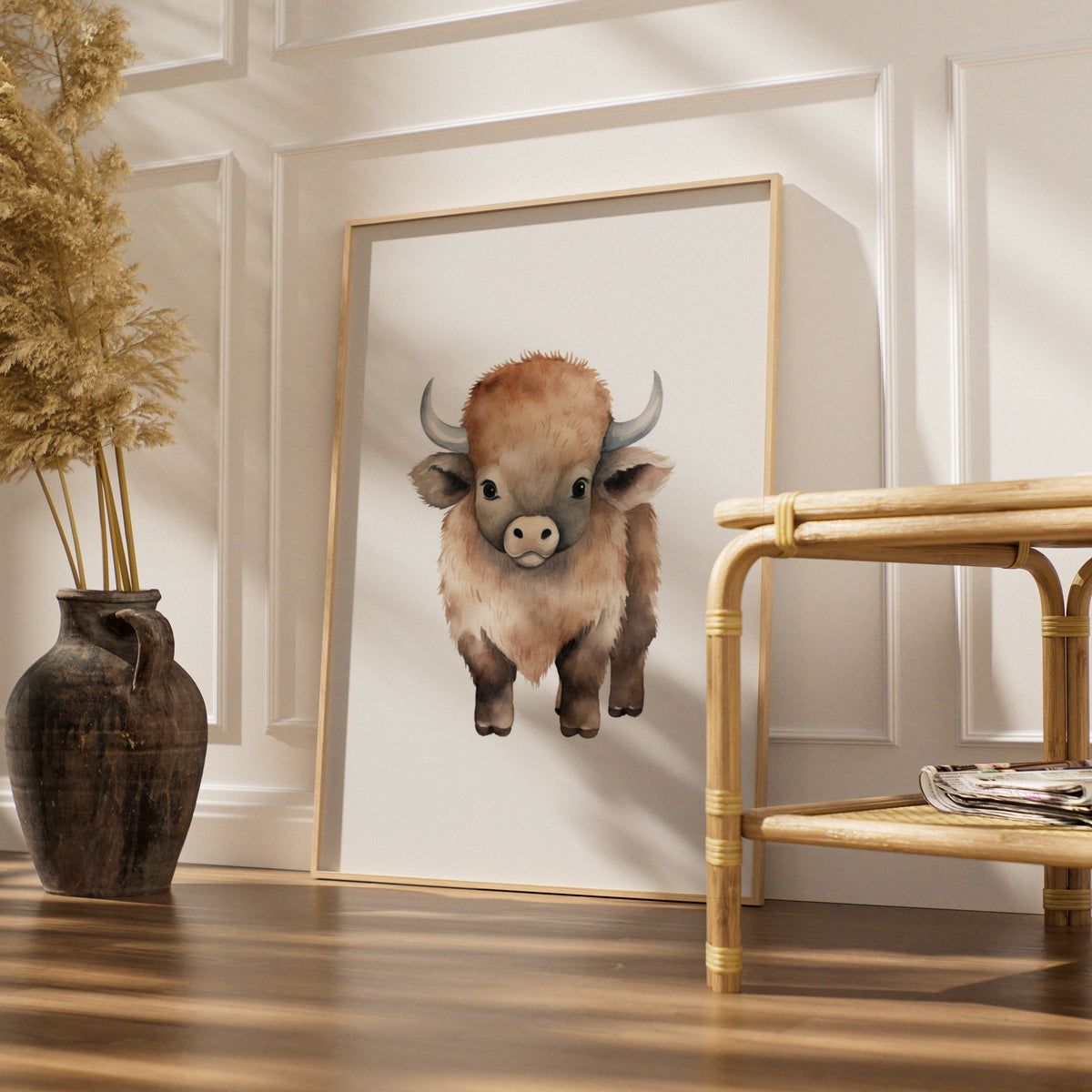 Baby Bison Nursery Wall Art, Watercolour Buffalo Print, Kids Room Animal Poster
