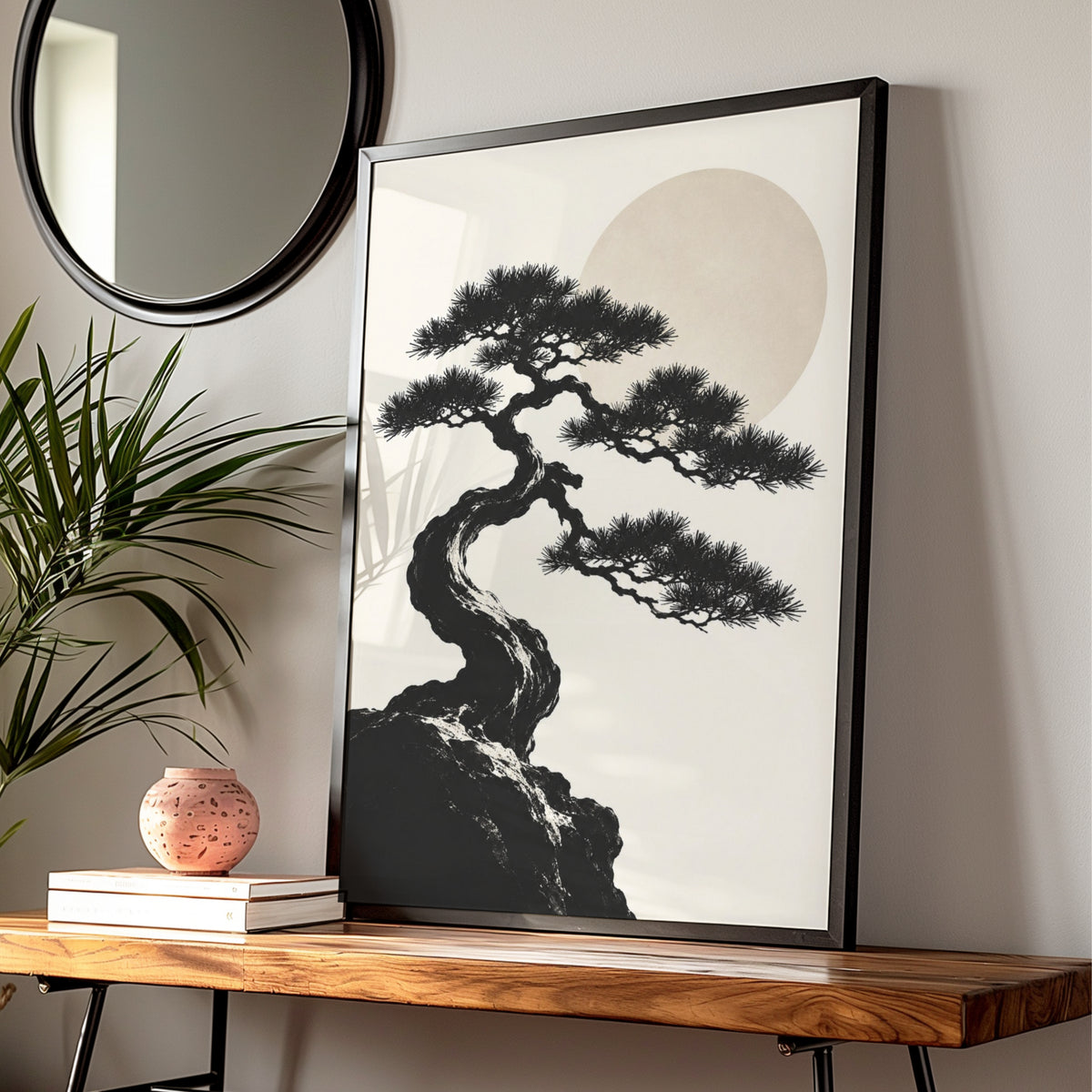 Bonsai Tree Moon Print, Monochrome Wall Art, Japanese Pine Minimalist Poster, Neutral Gallery Wall