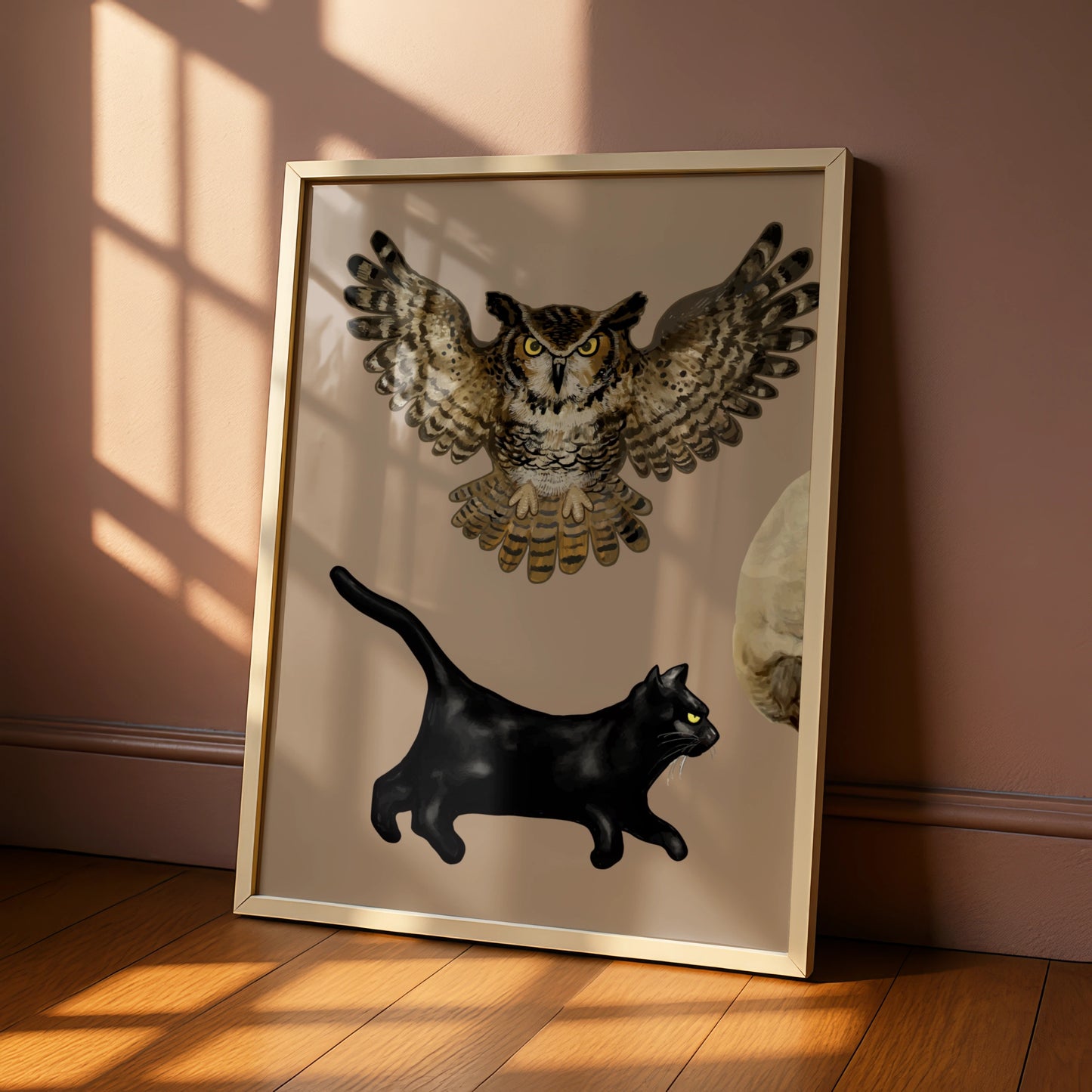 Halloween Owl Black Cat Poster, Spooky Moon Wall Art, Witch Familiar Print, Gothic Home Decor