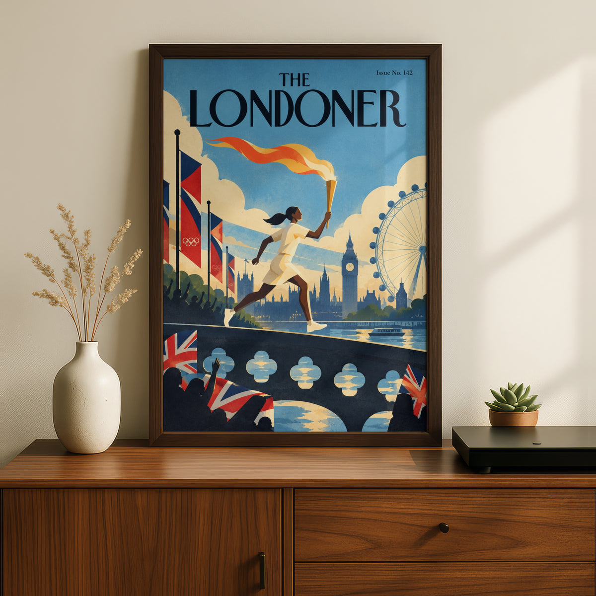 London Torch Runner Poster, Big Ben London Eye Wall Art, Retro Travel Art Print, Living Room