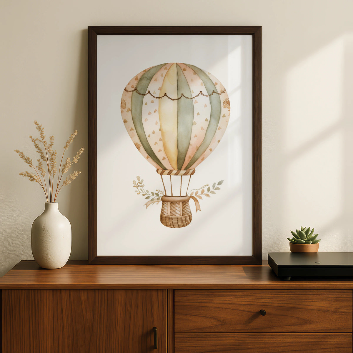 Hot Air Balloon Nursery Wall Art, Boho Baby Poster, Sage Green Neutral Decor Print