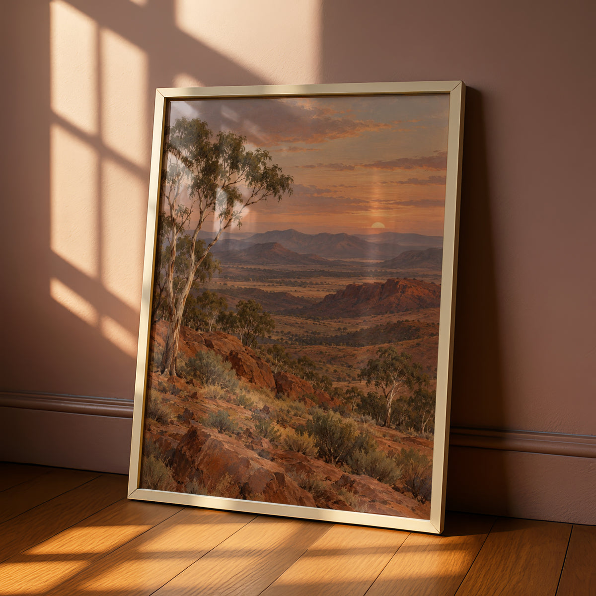 Australian Outback Sunset Print, Red Earth Landscape, Eucalyptus Wall Art, Painted Style