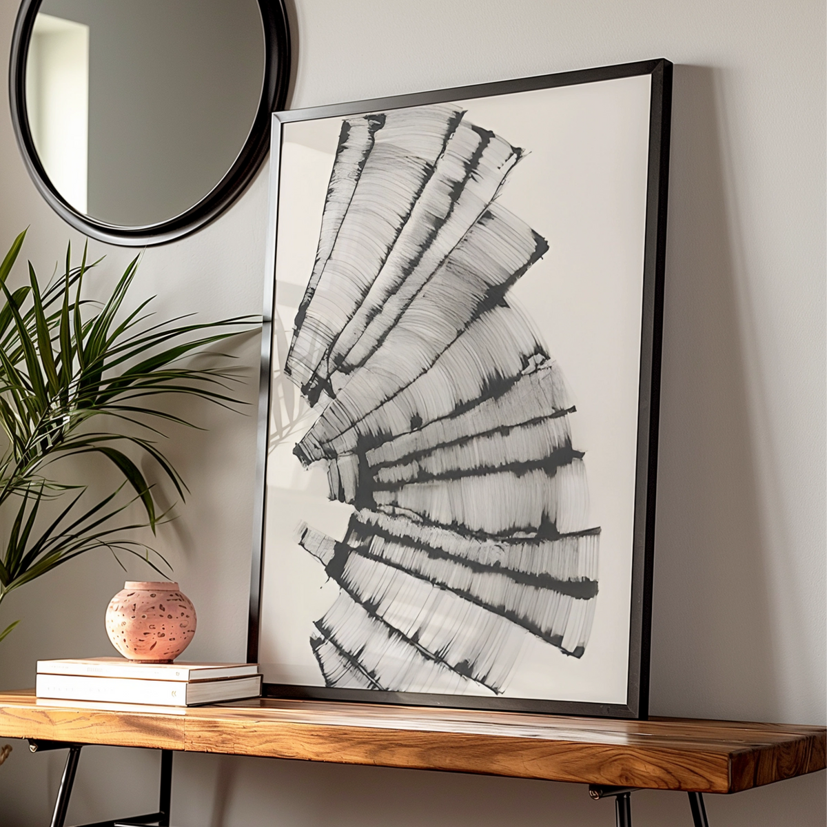 Abstract Brushstroke Fan Print, Monochrome Wall Art, Modern Black White Poster