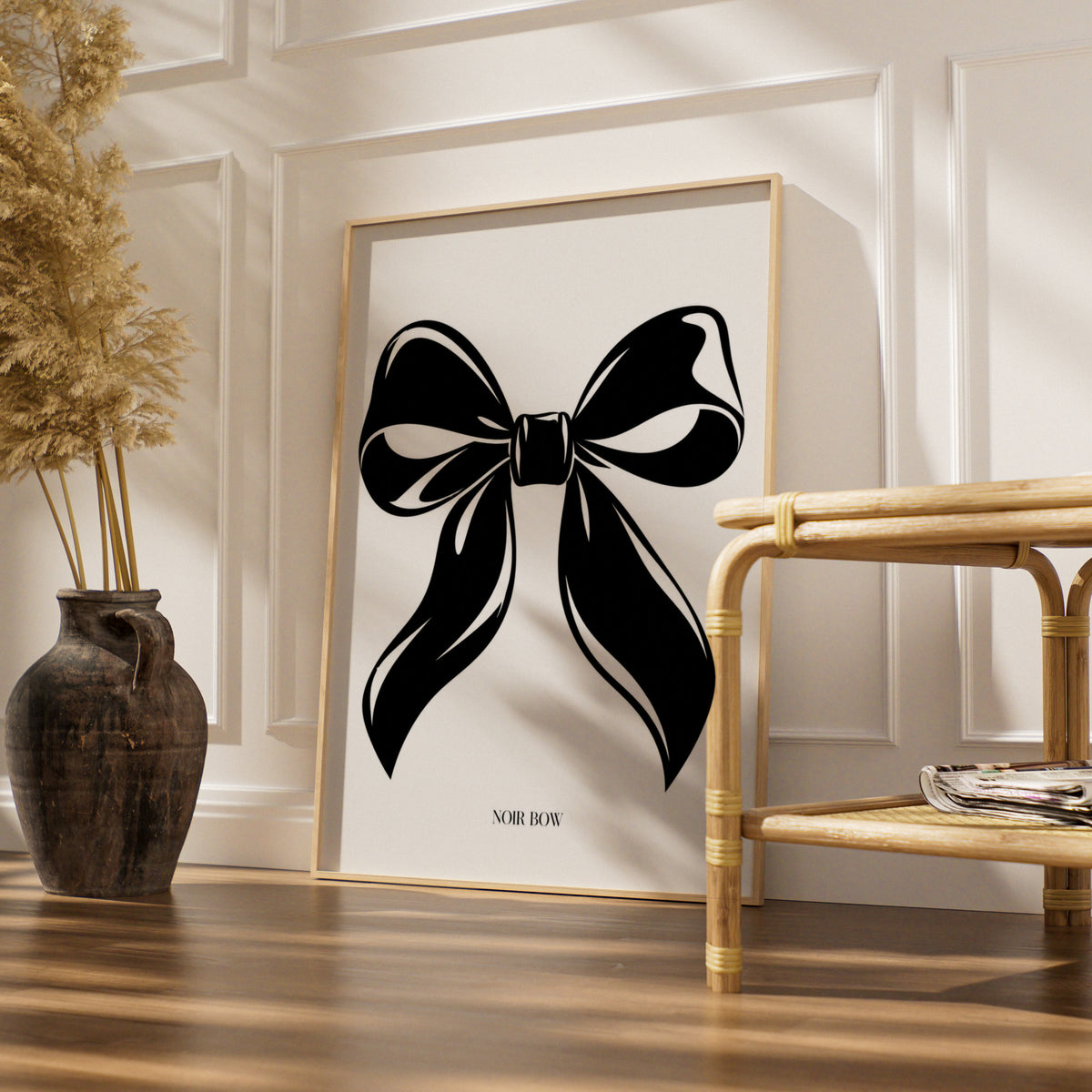 Noir Bow Print, Black and White Poster, Monochrome Wall Art, Minimalist Ribbon Decor