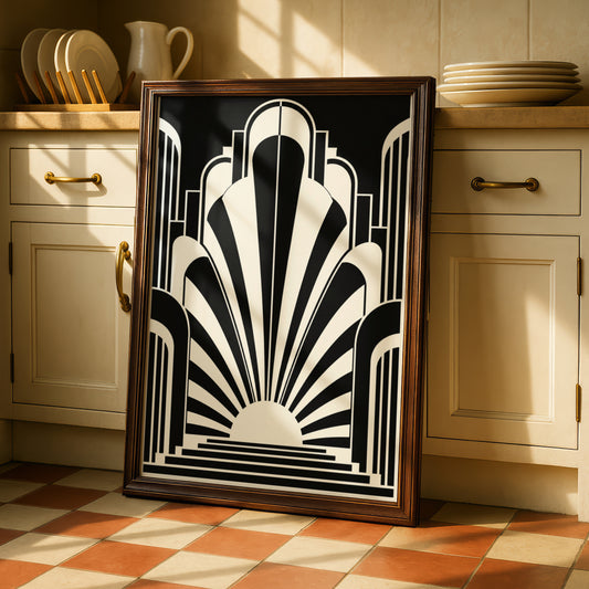 Art Deco Sunburst Poster, Monochrome Wall Art, Black and White Geometric Print