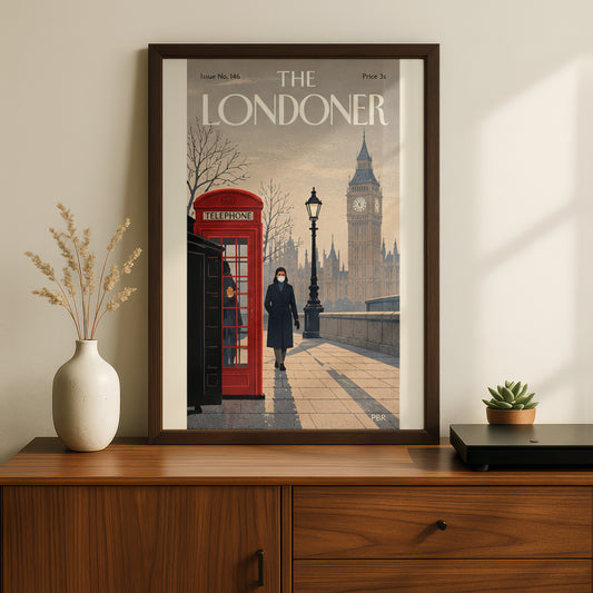 London Lockdown Poster, Vintage Magazine Cover Wall Art, Red Telephone Box Big Ben Art Print
