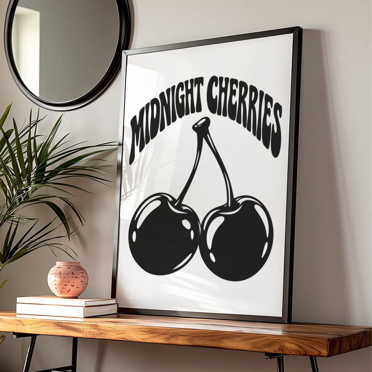 Midnight Cherries Typography Print, Black and White Poster, Monochrome Wall Art, Retro Fruit