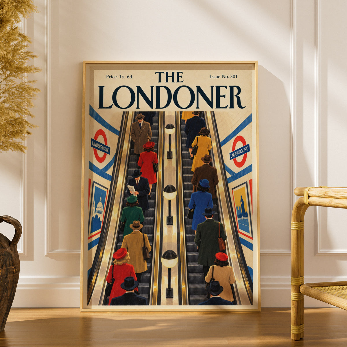 London Underground Escalator Poster, Vintage Magazine Cover Wall Art, Retro Travel Art Print