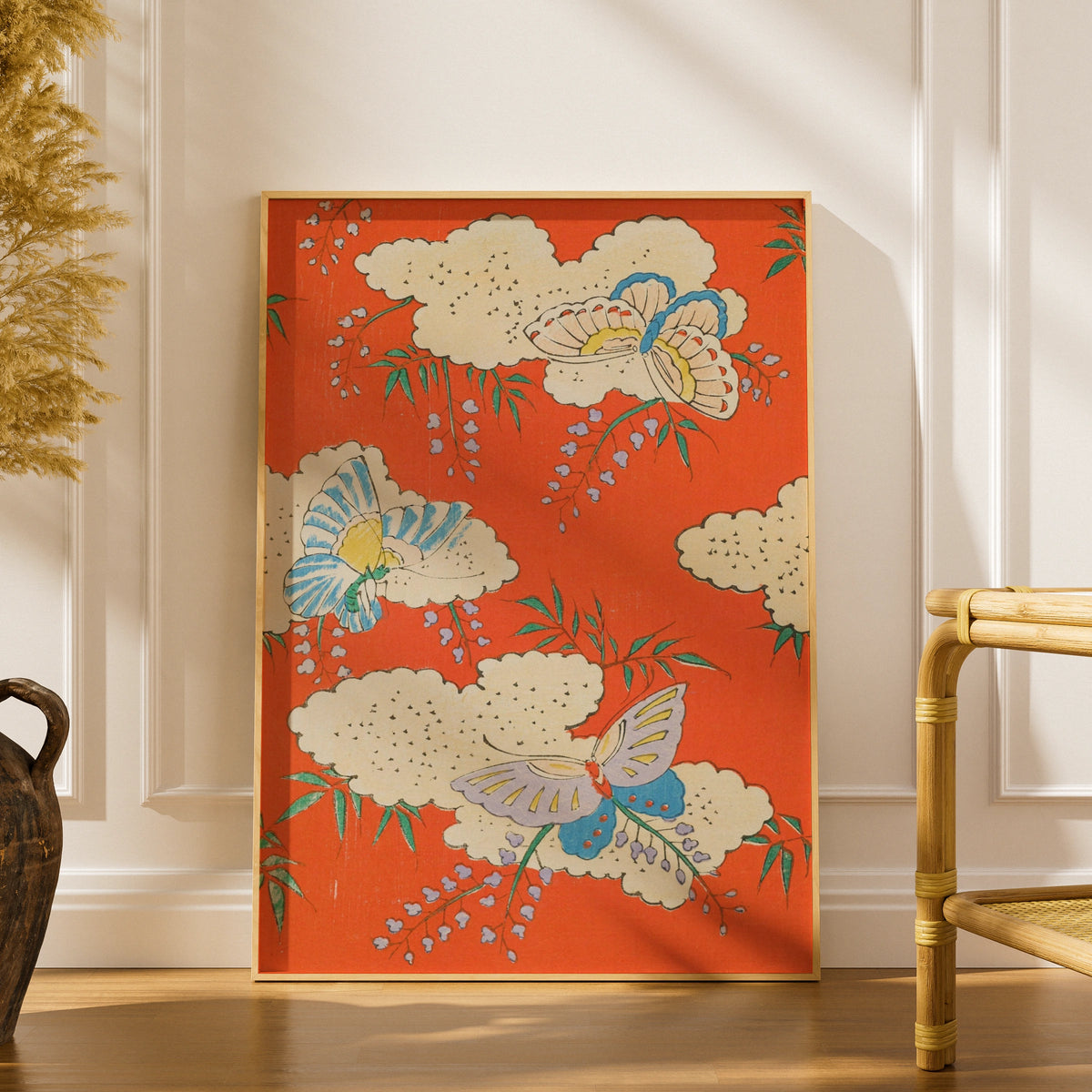 Japanese Butterfly Wall Art, Vintage Woodblock Print, Floral Japandi Poster, Orange Botanical — Digital Download