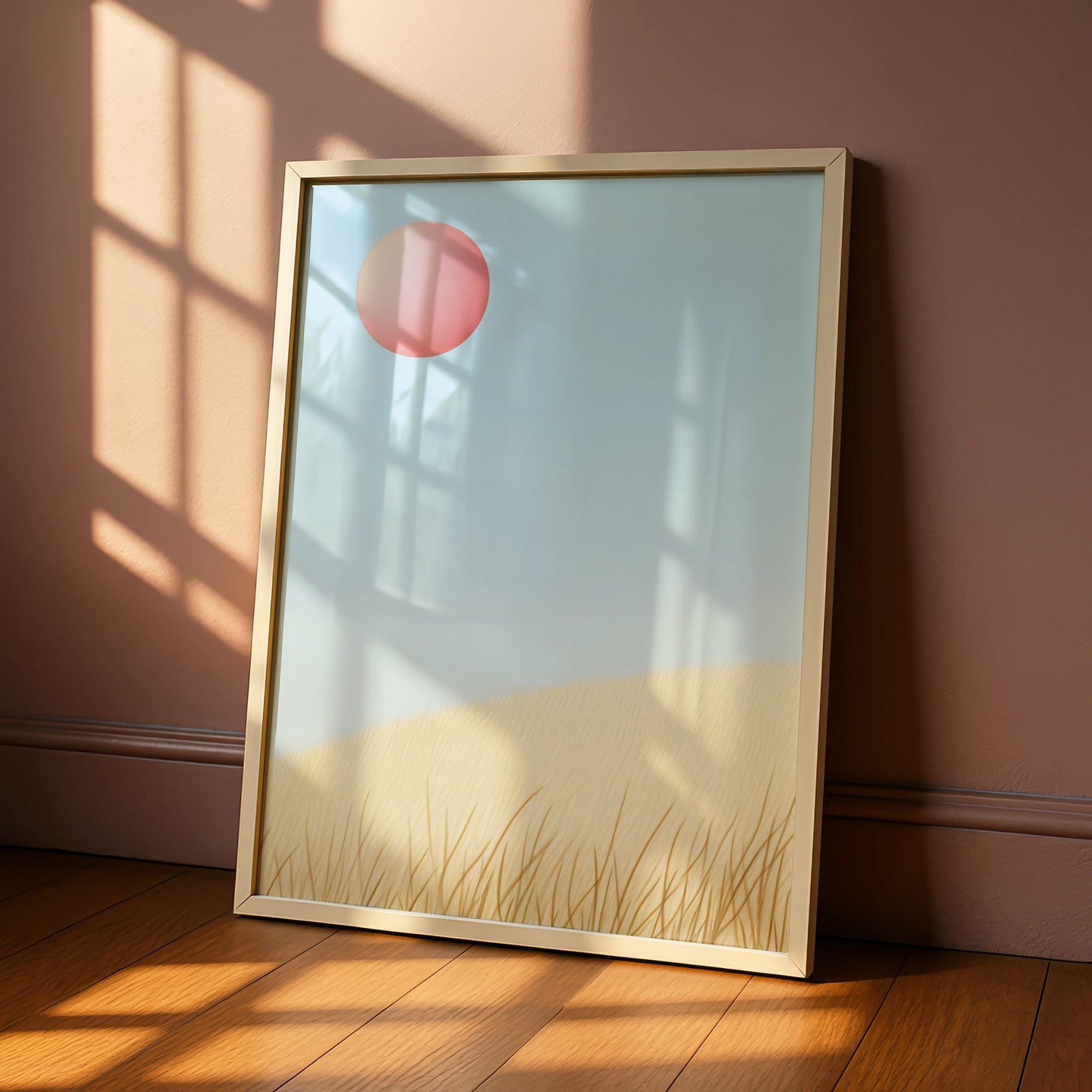 Nursery Wall Art Pink Sun Blue Sky, Minimalist Grass Landscape Print, Baby Room Poster