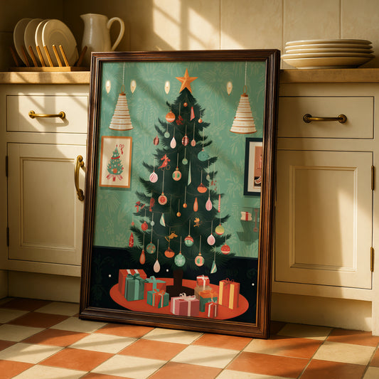 Retro Christmas Tree Poster, Vintage Festive Wall Art, Mid Century Xmas Print, Holiday Decor