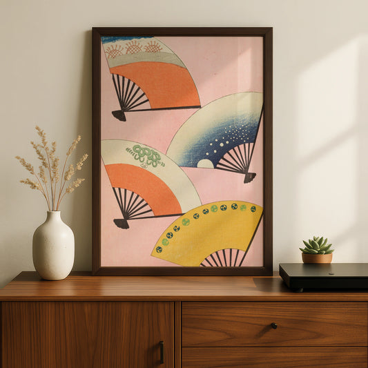 Japanese Fan Art Print, Vintage Woodblock Wall Art, Japandi Poster, Bijutsukai 1901 – A5 Black frame
