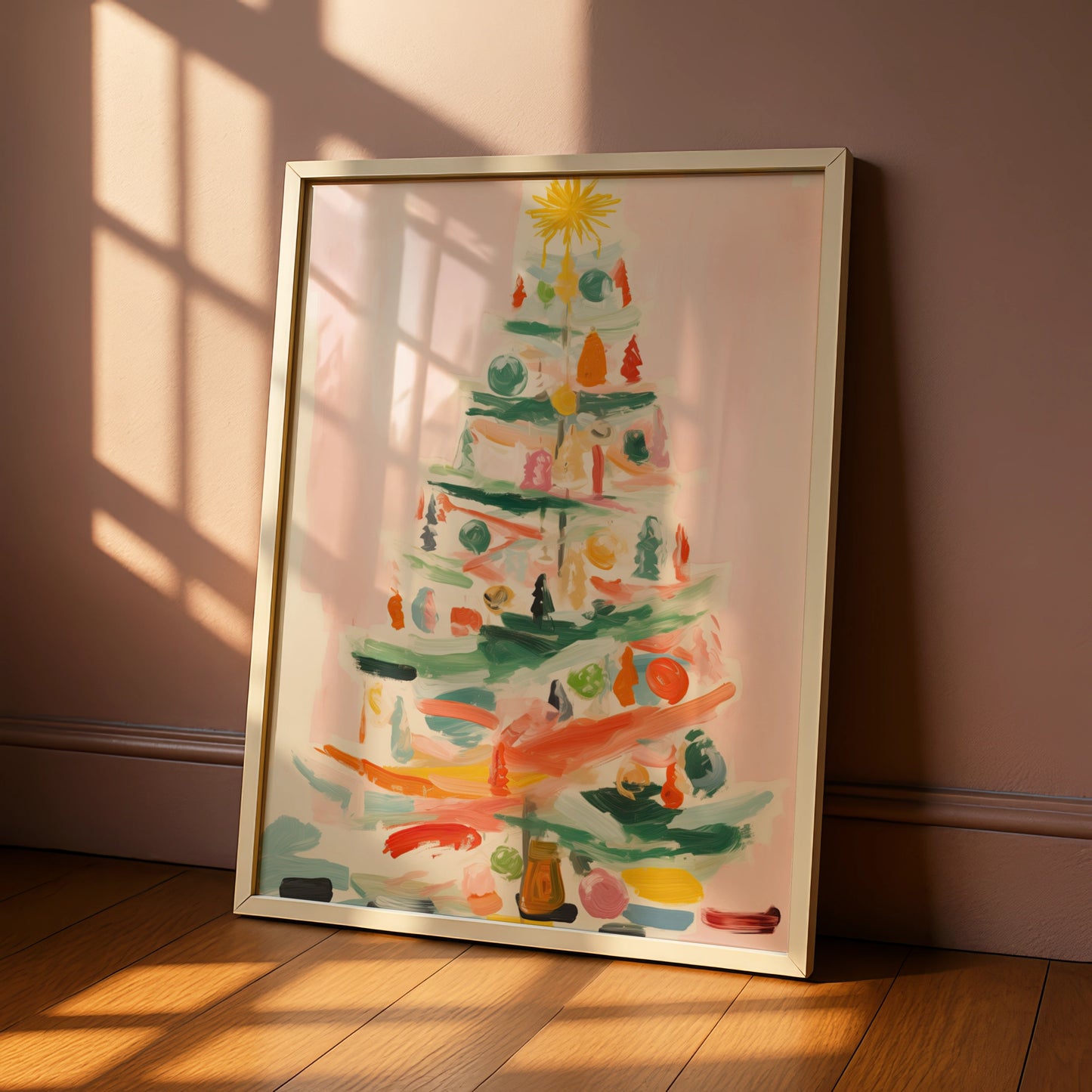 Christmas Tree Poster, Colourful Abstract Xmas Wall Art, Festive Holiday Print, Pastel Pink Decor