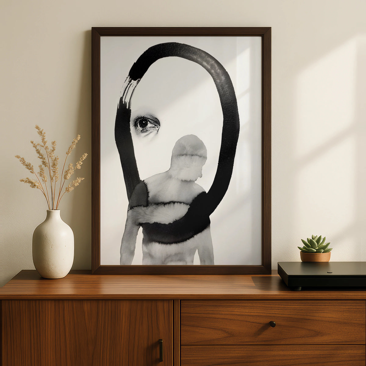 Abstract Figure Eye Print, Monochrome Wall Art, Black and White Surreal Poster, Modern Decor