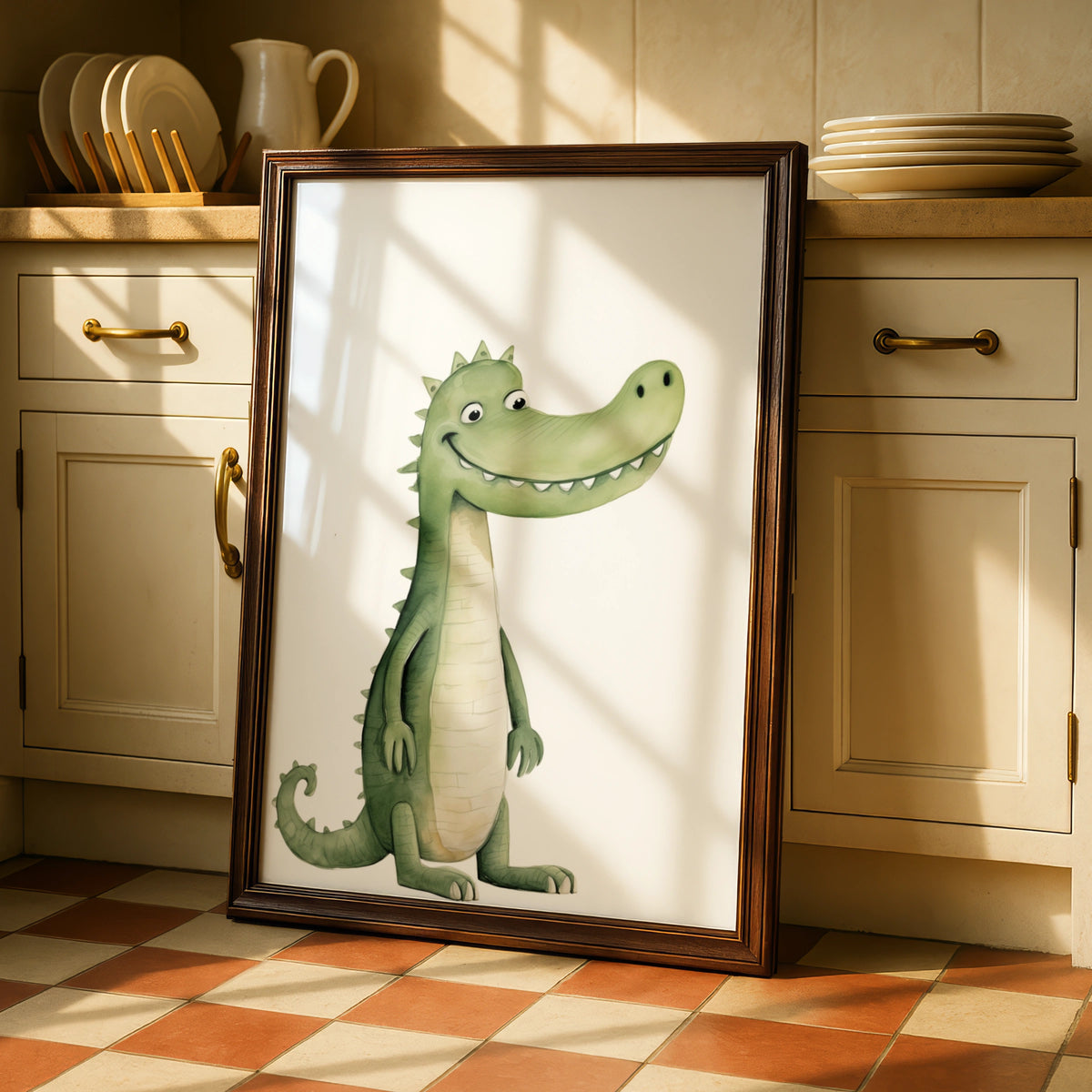 Cute Crocodile Nursery Wall Art, Watercolour Animal Print, Kids Room Poster, Green
