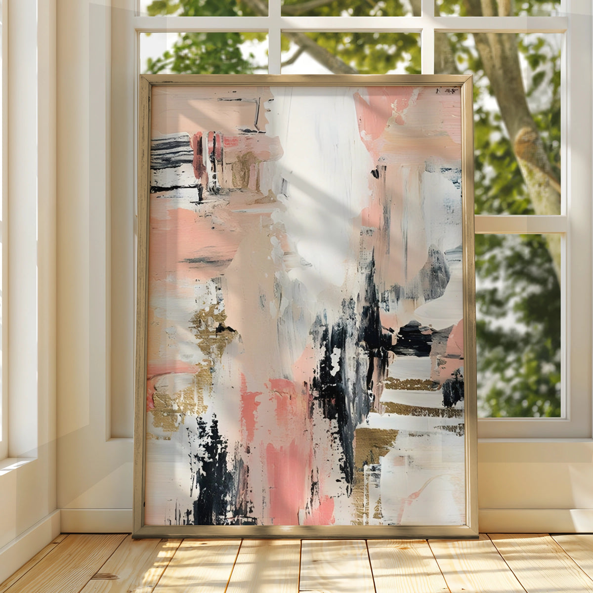 Abstract Monochrome Wall Art, Pink Black Gold Brushstroke Print, Modern Gallery Poster