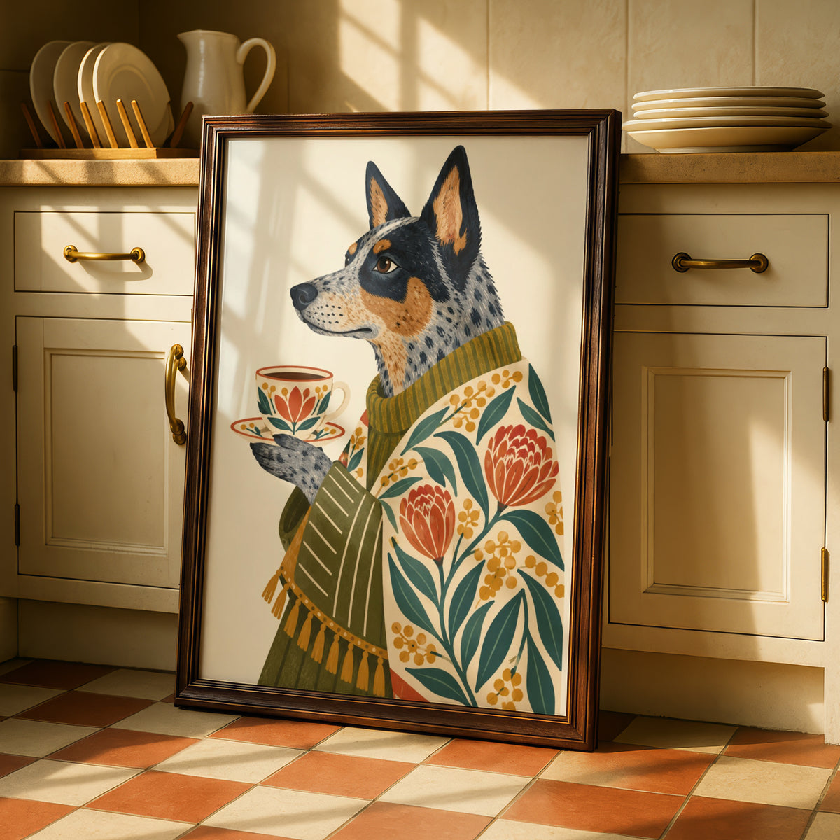 Australian Cattle Dog Art Print, Blue Heeler with Tea Cup, Floral Folk Wall Art