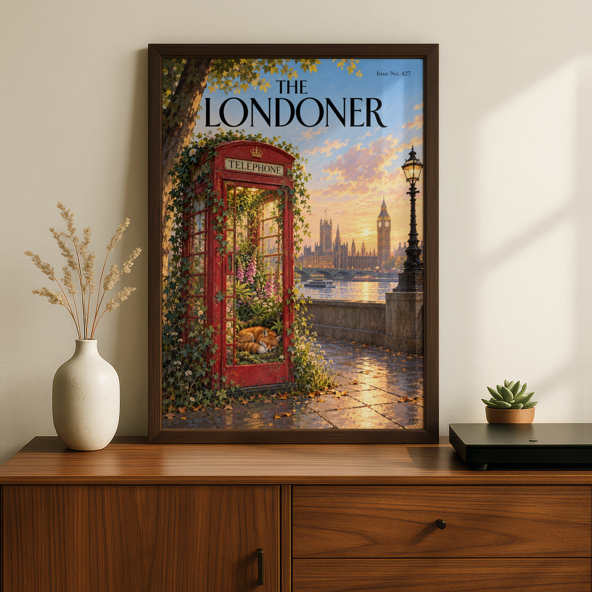 London Telephone Box Poster, Sleeping Fox Wall Art Print, Big Ben Sunset Thames Illustration
