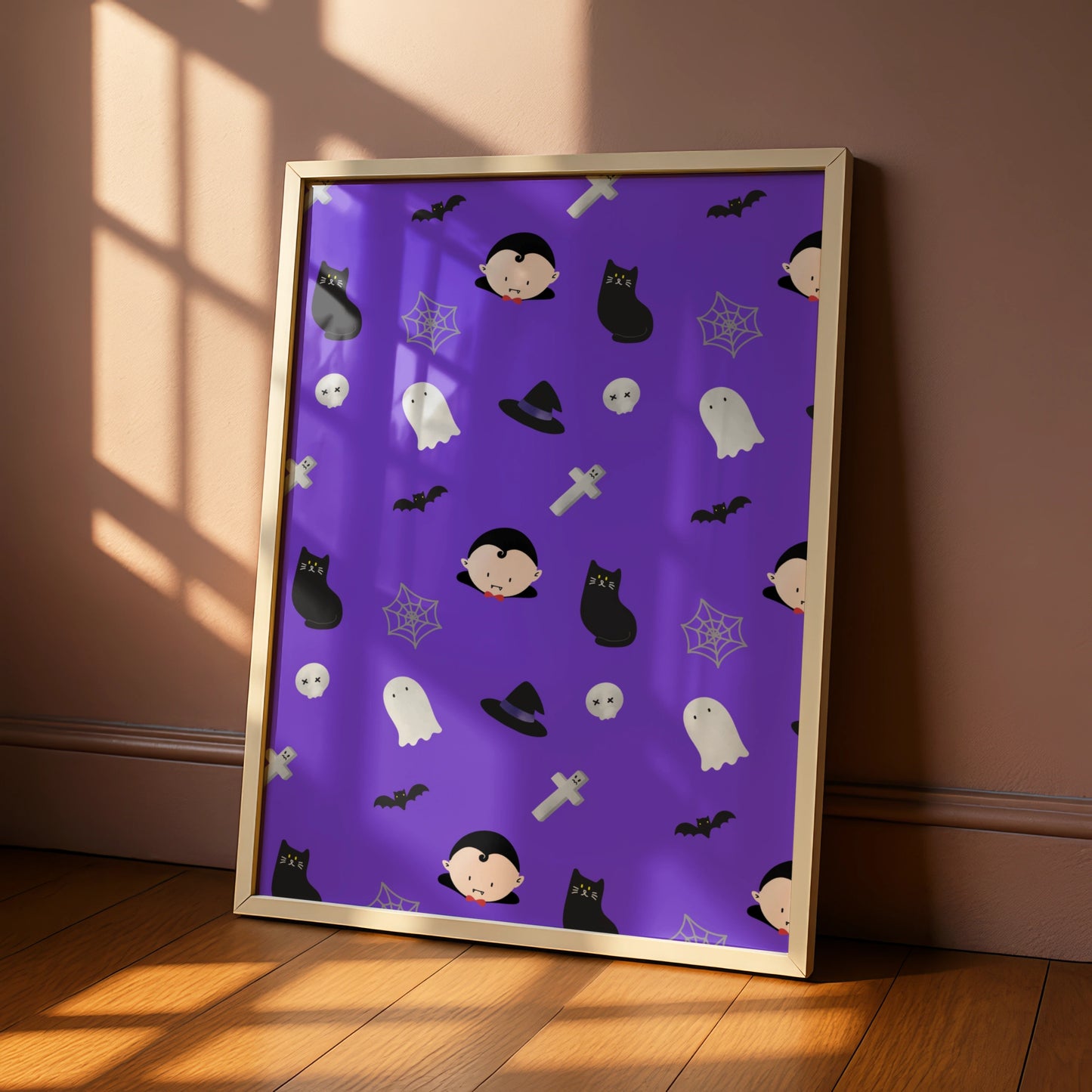 Halloween Pattern Poster, Cute Ghost Vampire Bat Black Cat Wall Art Print