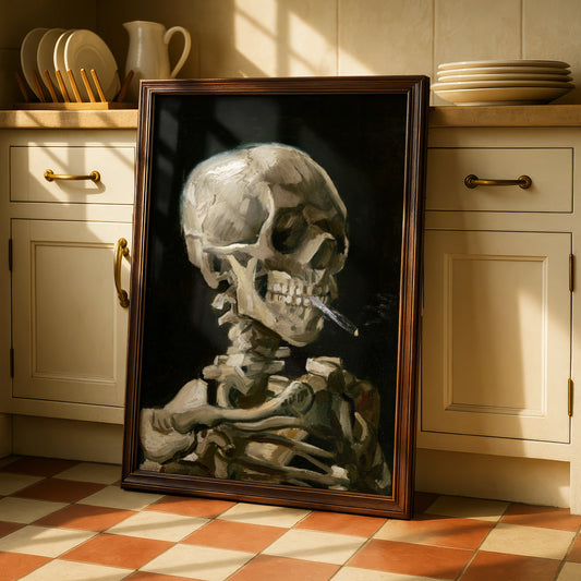 Van Gogh Skull Smoking Cigarette Halloween Art Print, Gothic Skeleton Poster
