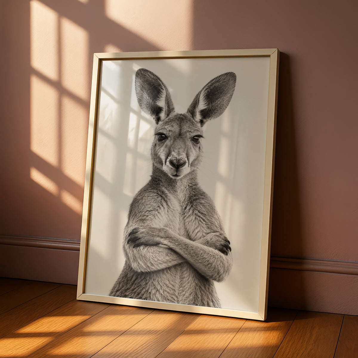 Kangaroo Portrait Print, Arms Crossed Australian Wall Art, Black White Animal Poster