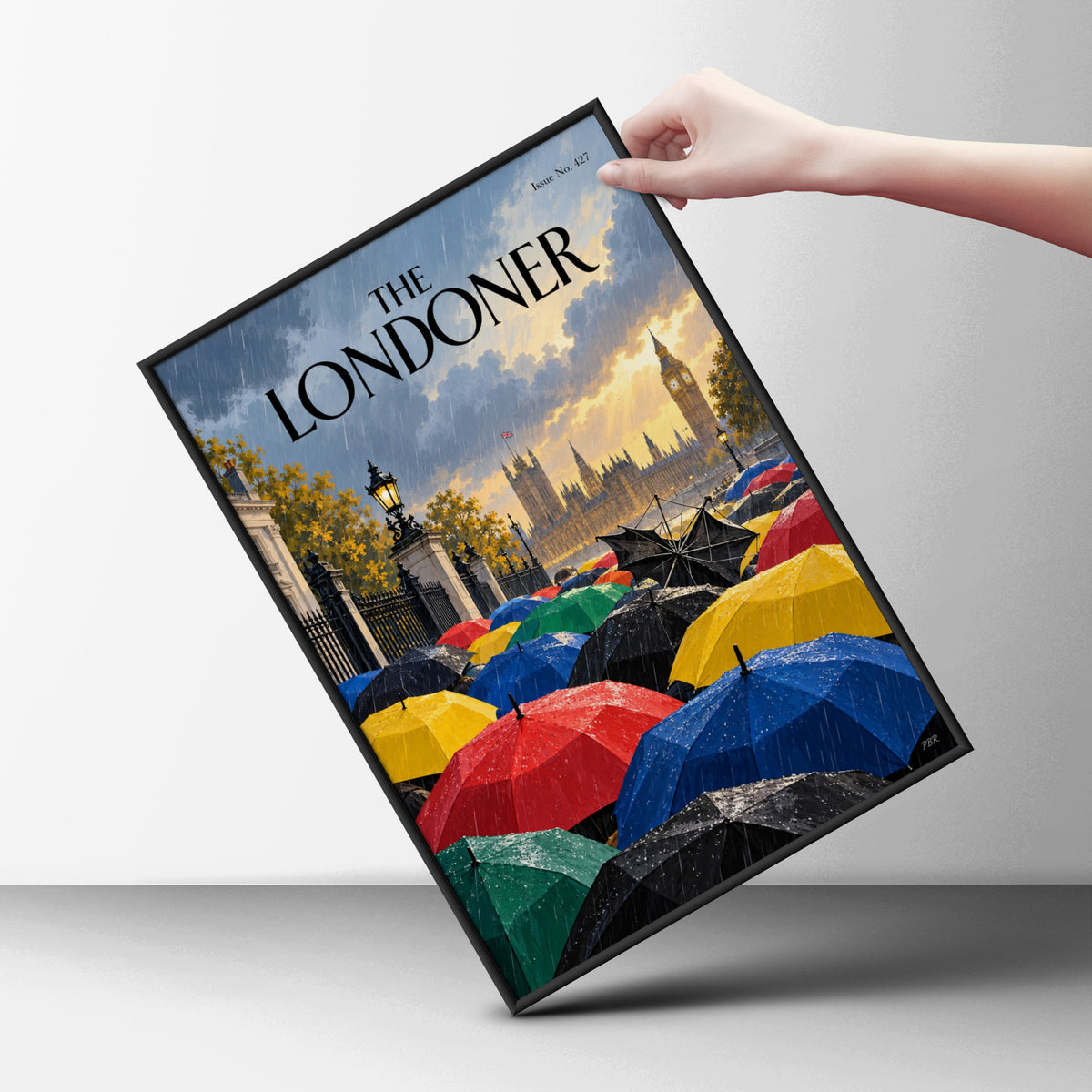 London Rainy Day Umbrellas Poster, Big Ben Westminster Wall Art, Colourful Magazine Cover Art Print