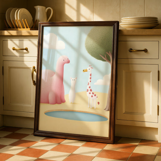 Nursery Wall Art Dinosaur Giraffe Print, Cute Animal Poster, Baby Room Decor