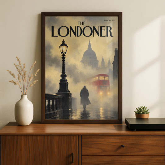Foggy London Poster, Vintage Magazine Cover Wall Art, Red Bus Art Print, Moody Living Room Decor