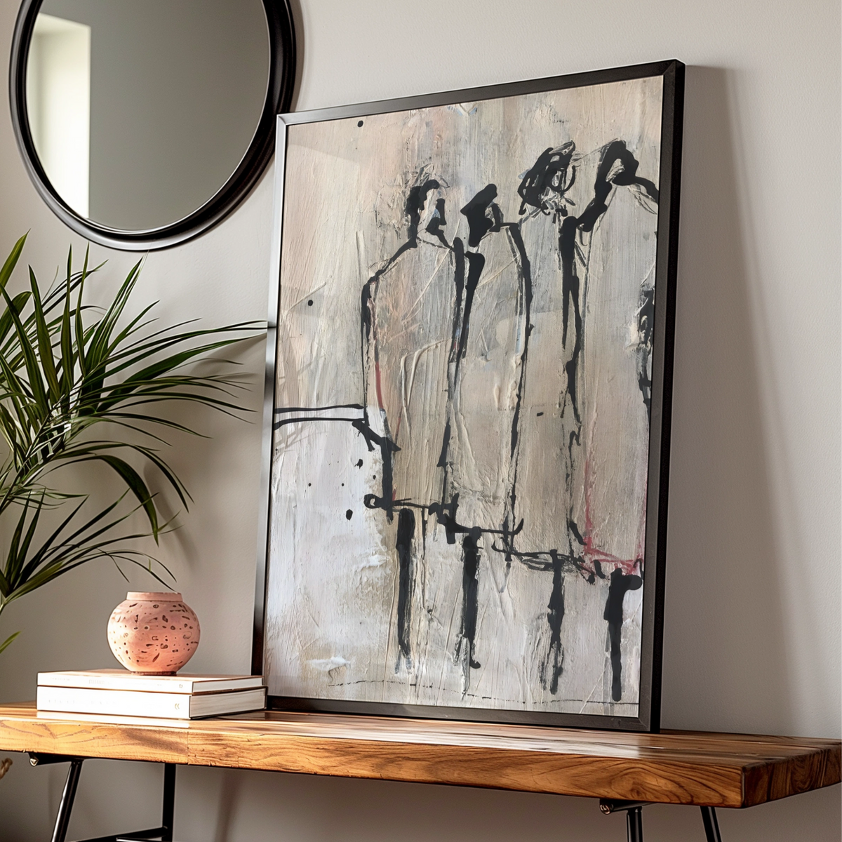 Abstract Figure Group Monochrome Wall Art, Black and White Modern Poster, Neutral Gallery Print
