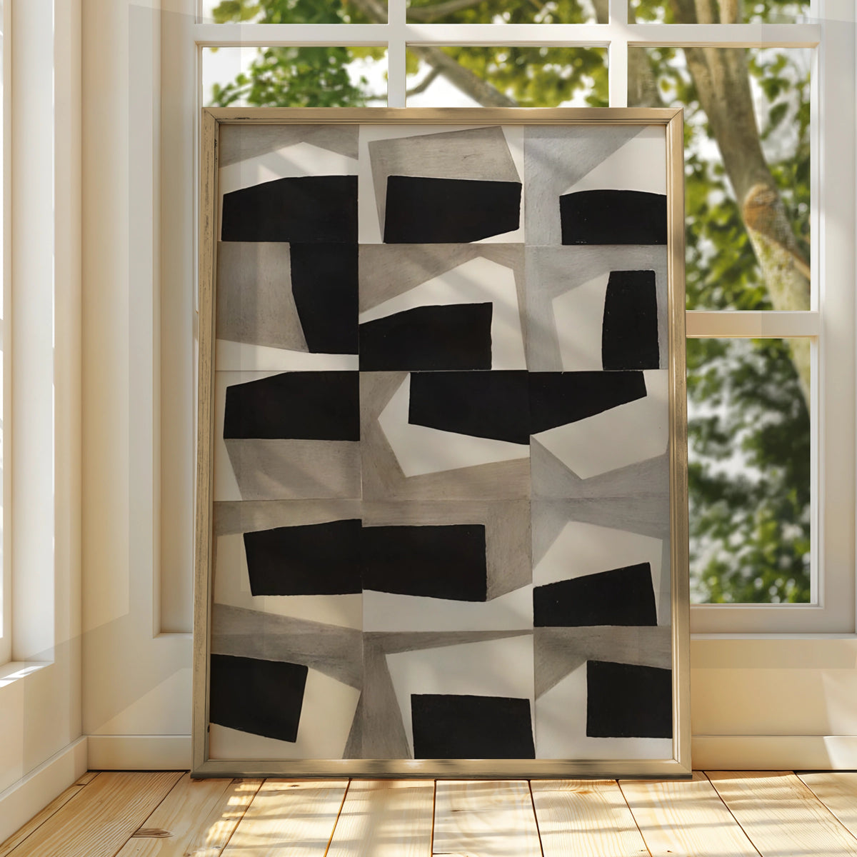 Geometric Abstract Monochrome Wall Art, Black Grey Modern Print, Contemporary Poster