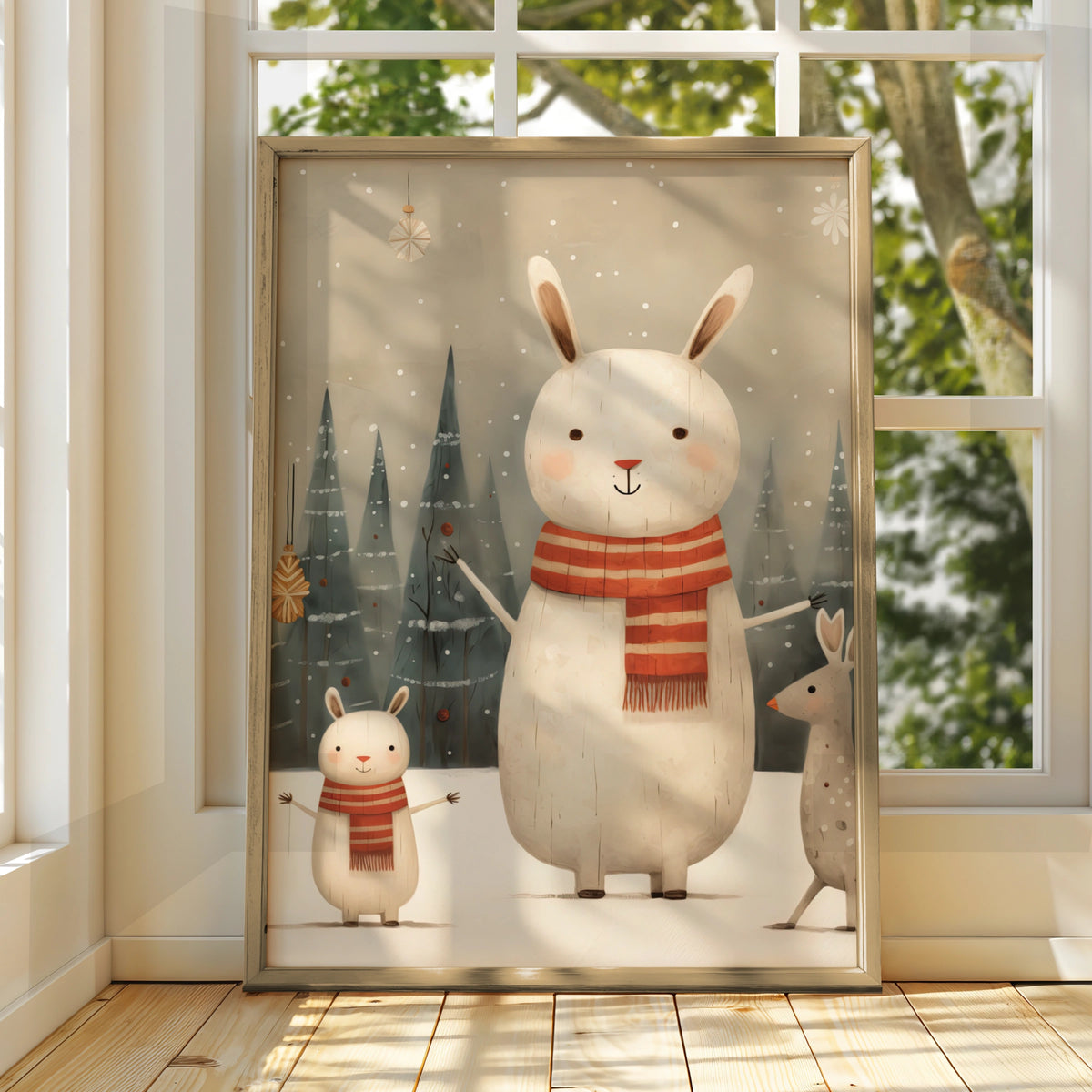 Christmas Bunny Poster, Cute Rabbit Winter Snow Print, Kids Festive Wall Art