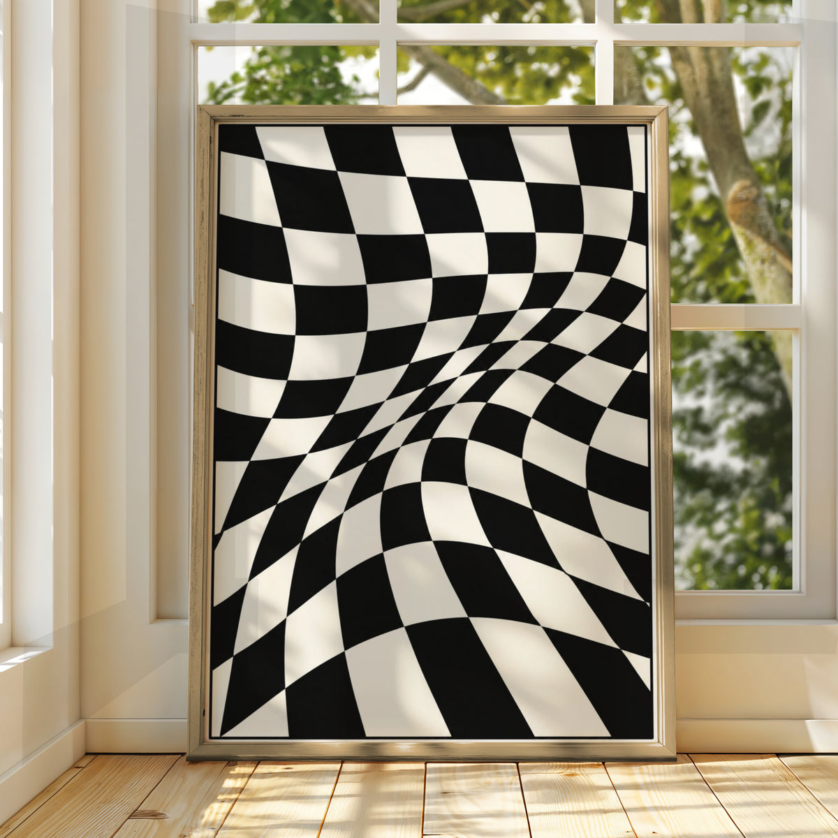 Warped Checkerboard Abstract Print, Monochrome Wall Art, Black and White Poster, Modern Decor